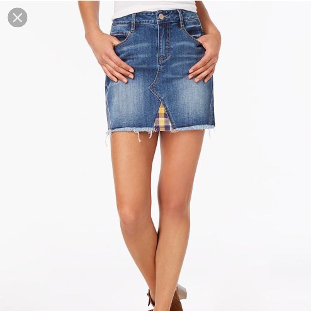 Denim mini skirt with flannel trim